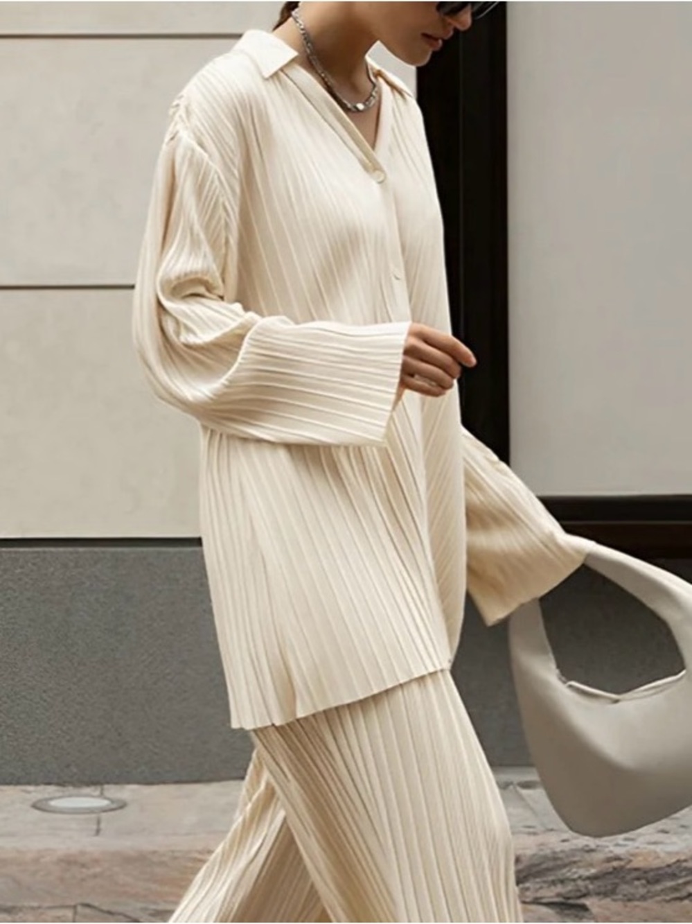 Commense Cream Pleated Button-Front Oversized Top - Picture 3 of 7
